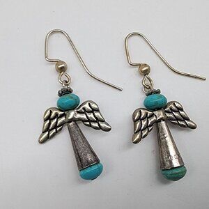 Angel Wing Turquoise & Silver Drop Earrings With Hook Backs